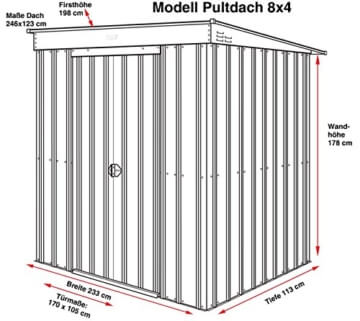 Globel Industries MetallGerätehaus 8x4 Anthrazit 246x123x198cm  2,6 m² Pultdach