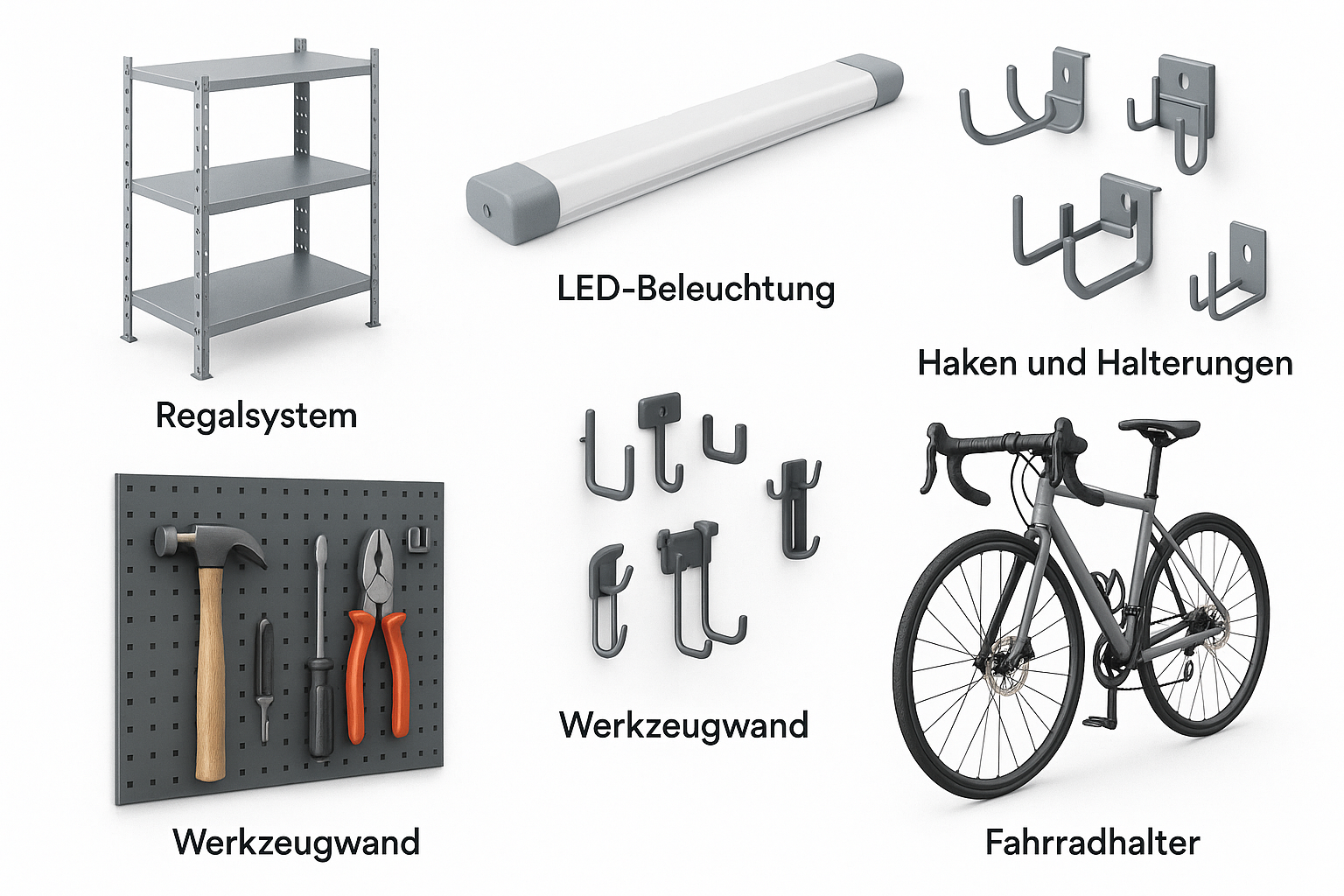 Zubehör für Metallgerätehaus: Regalsystem, LED-Beleuchtung, Haken, Werkzeugwand, Fahrradhalter