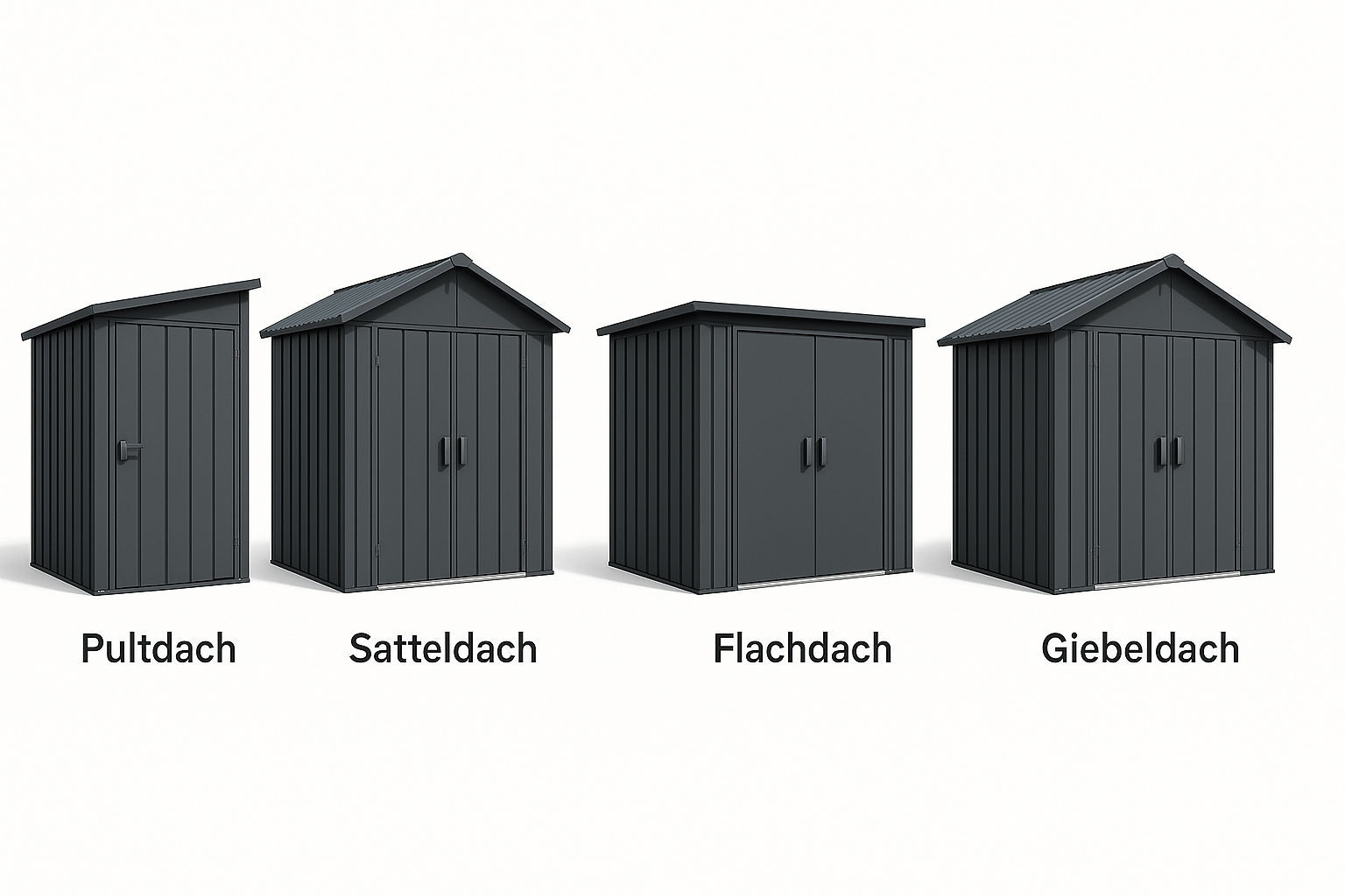 Vergleich verschiedener Dachformen bei Metallgerätehäusern: Pultdach, Satteldach, Flachdach, Giebeldach